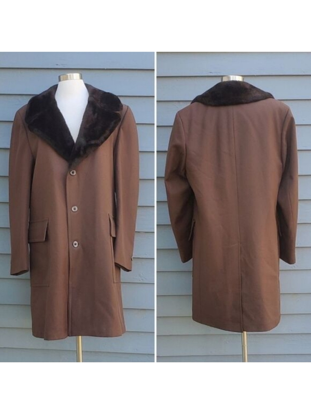 Vintage J.C. Penny Brown Textured Polyester Faux Fur Collar Lined Trench Coat 42